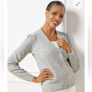 Talbots Metallic Puff Sleeve Cardigan, Jewel Buttons